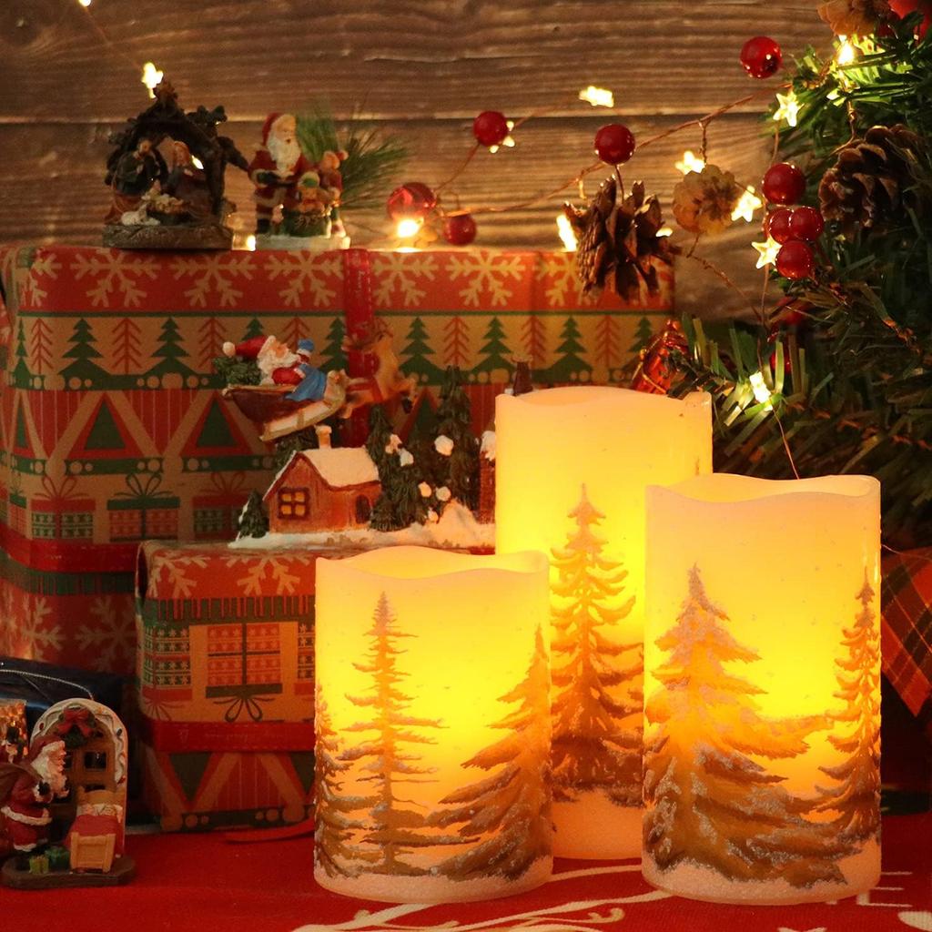 Wondise Flickering Flameless Pillar Candles with Timer, Battery Operated Real Wax Warm Light Christmas Tree Pine Tree Decal Candle for Home