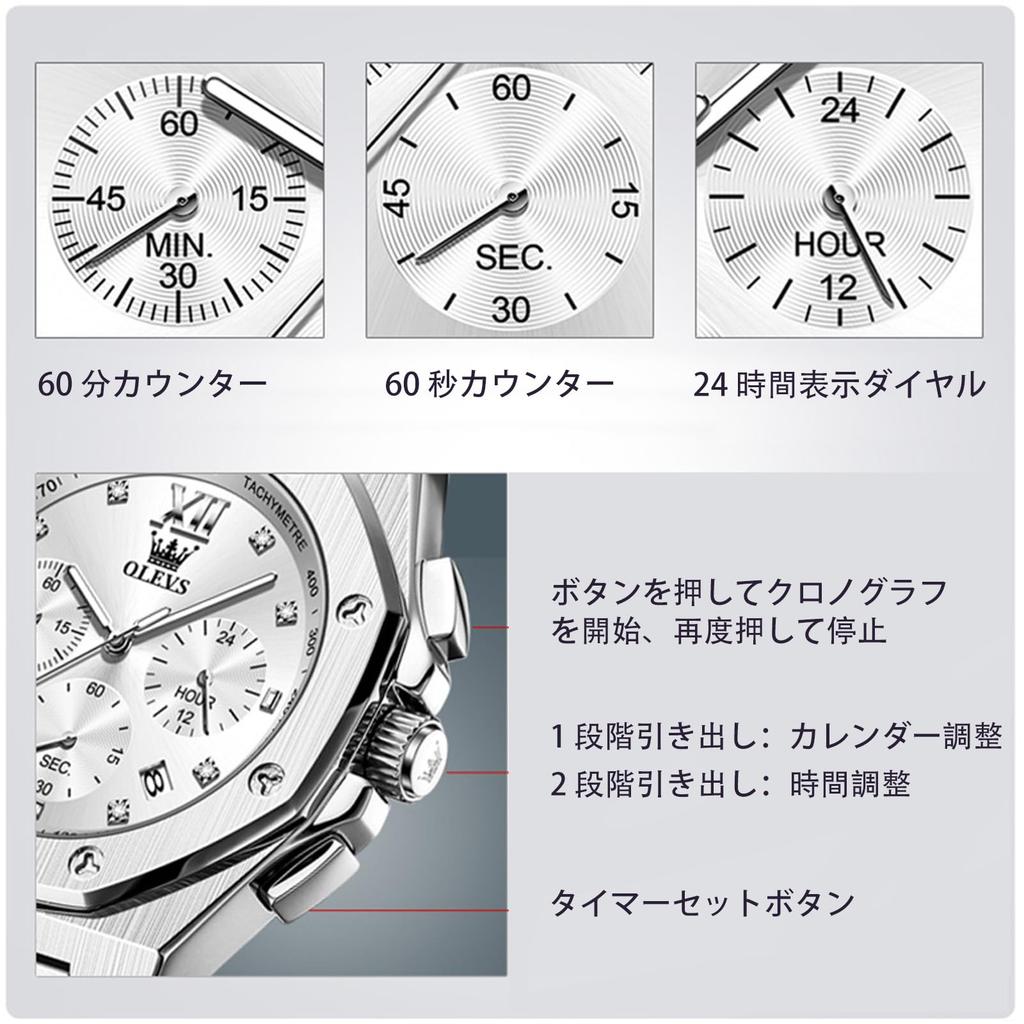 Olevs Octagonal Analog Stainless Date Large Luxury Watch for Gift Men's Watch, Silver, Popular, Waterproof, Quartz, Dress, Business, Stylish, Steel,