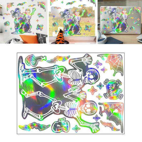 Halloween Skeleton Window Cling Waterproof PVC Holographic Skeleton Static Glass Sticker Home Bedroom Holiday Party Decoration Decal