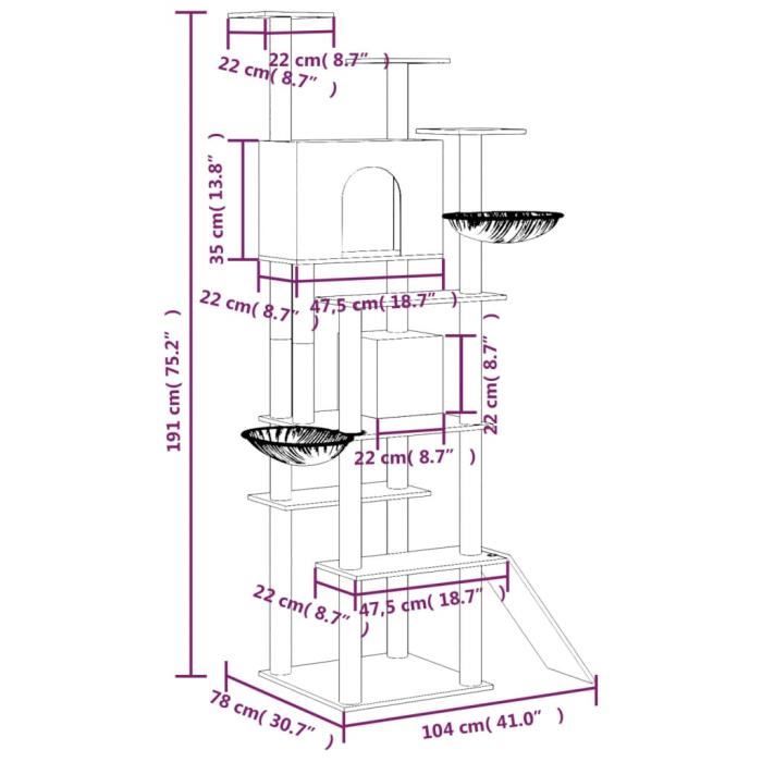 171595 vidaXL Arbre à chat avec griffoirs en sisal Gris clair 191 cm