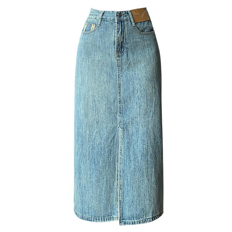 2024 Spring/Summer Elegant High-Waist Denim Midi Skirt with Front Slit for Women