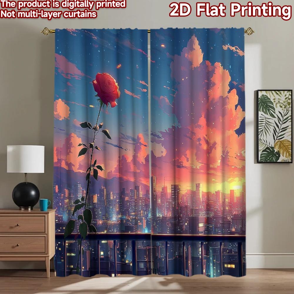 2D flat printing 2pcs Window Drapes Anime Rose City Sunset Digital Printed Polyester Drapes Holiday Decorations Perfect for