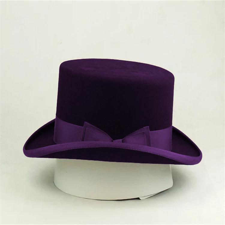 

На новой фабрике Прямые продажи Плоская овечья фетровая шляпа Однотонная овечья фетровая шляпа Украшенная тесьмой чистая шерстяная фетровая шляпа темно-фиолетового