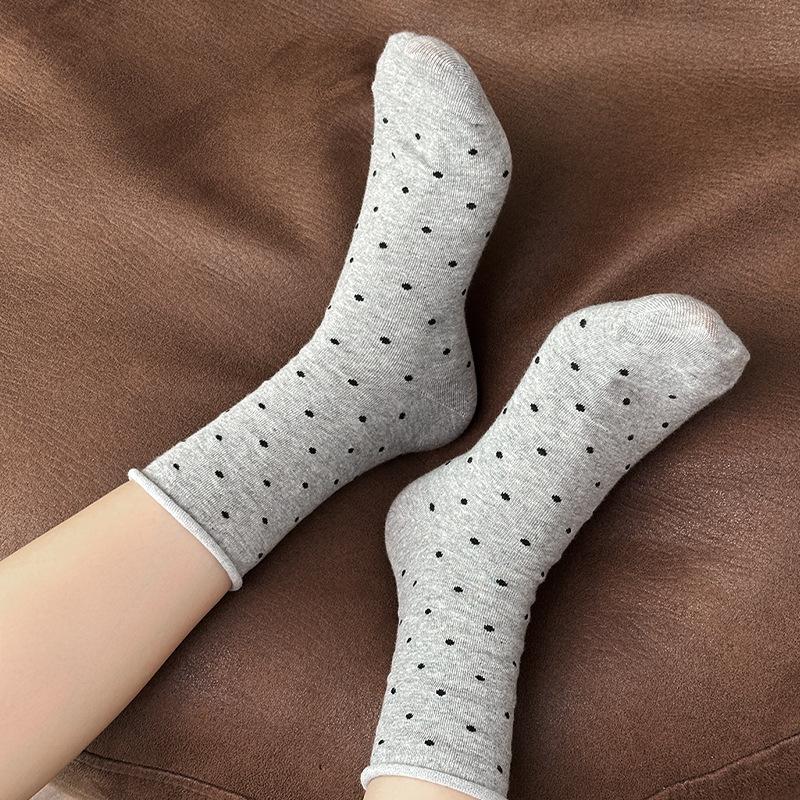 Women's Retro Polka Dot Cotton Rolled Hem Mid-Calf Slouchy Socks - Breathable & Soft