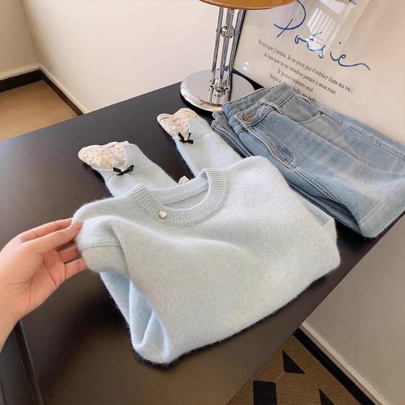 

Blue milk huhu soft waxy knitted sweater bow sweater femininity design top base with high-end inside one size fits all синій