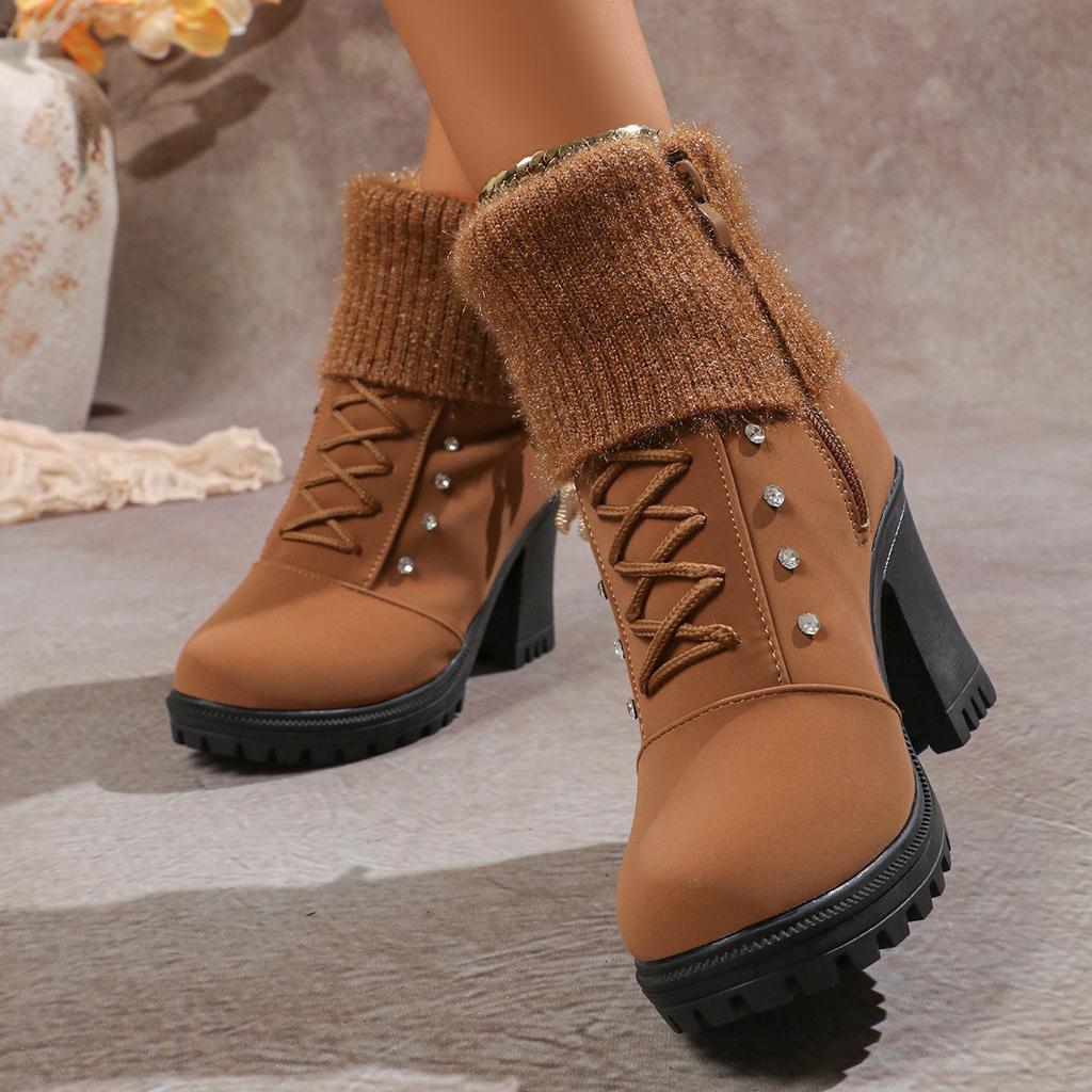Large size Martin boots winter new British wind and water diamonds wool mouth round head thick heel medium tube