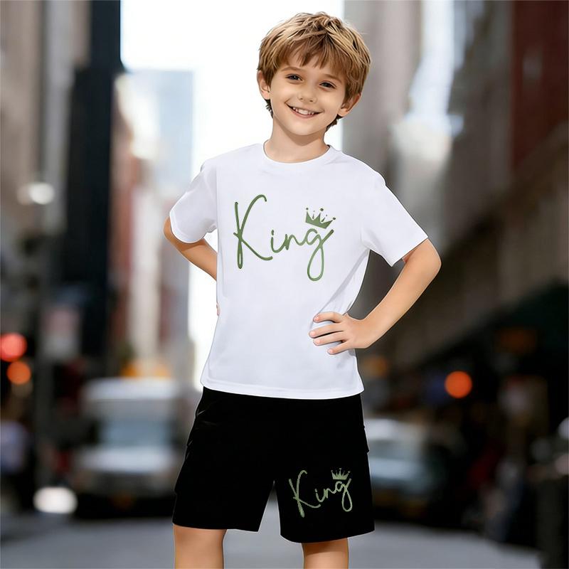 

Boys 2 Piece Cartoon Letter Print Outfit, Short Sleeve T-Shirt and Shorts Set for Kids Age 5-14, Black and White Sporty Casual Summer Clothes 13-14 Years