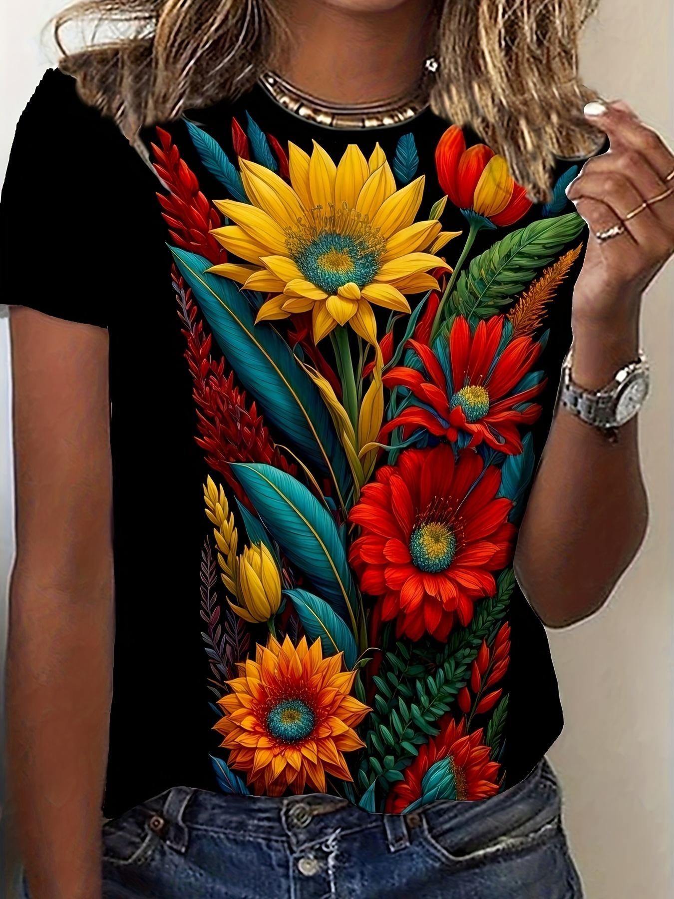 

Black Women s Tee - Vibrant Sunflower & Floral Bouquet Graphic, Bold Tropical Flower Design for Casual Daily Wear S