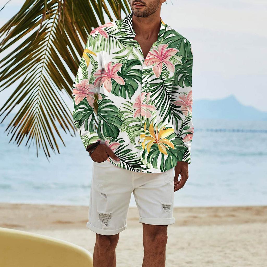 Mote Langermet Trykket Casual T-skjorte med Knapper Regular Fit Skjorte Topp for Menn