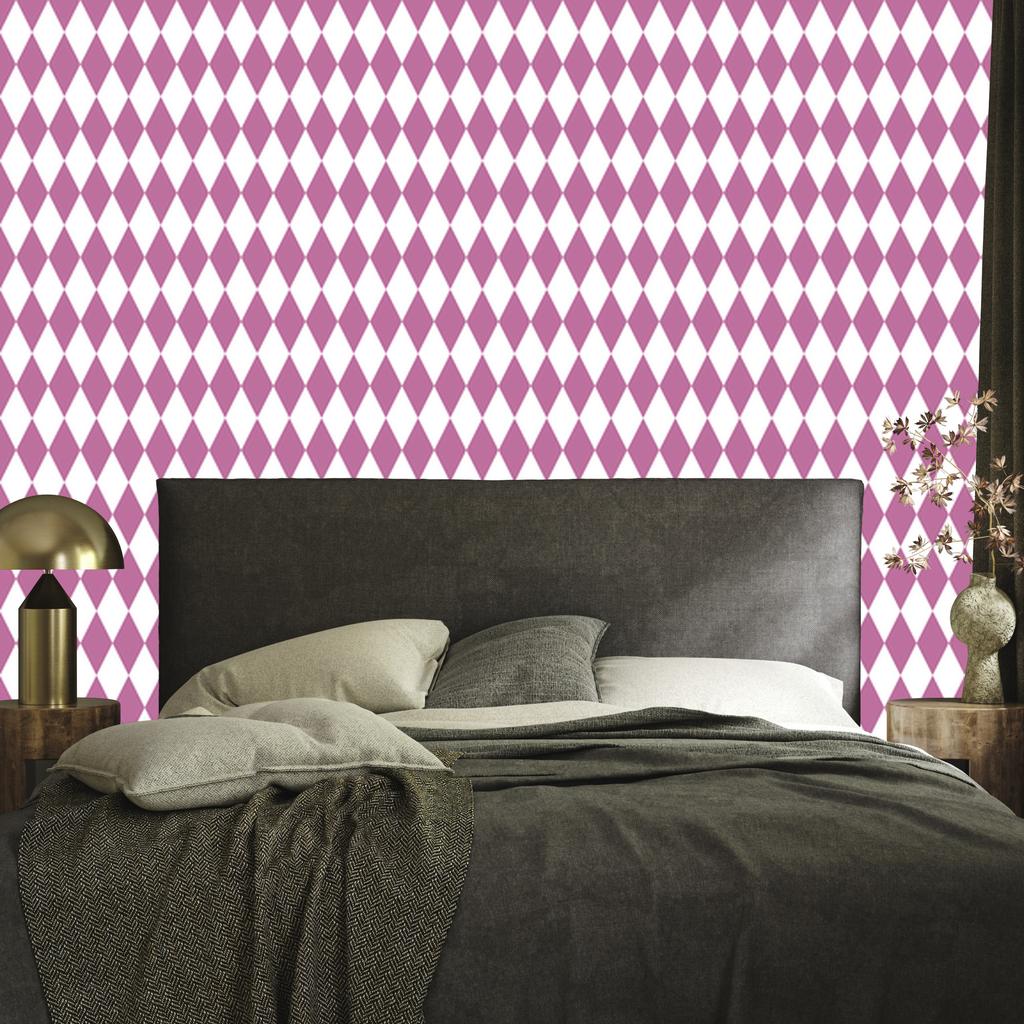 Harlequin Diamonds Wallpaper, White and Purple, Powder Pink Background, 50x1000
