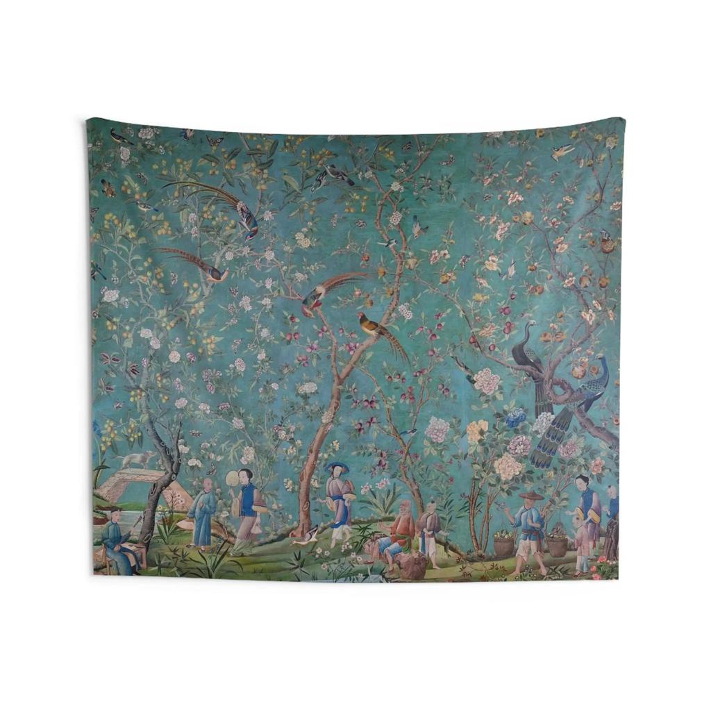 Arazzo da Giardino Chinoiserie Vintage Stampa Piatta 2D Pelle di Pesca da Appendere a Parete Sfondo Floreale con Uccelli per Decorazione del Soggiorno