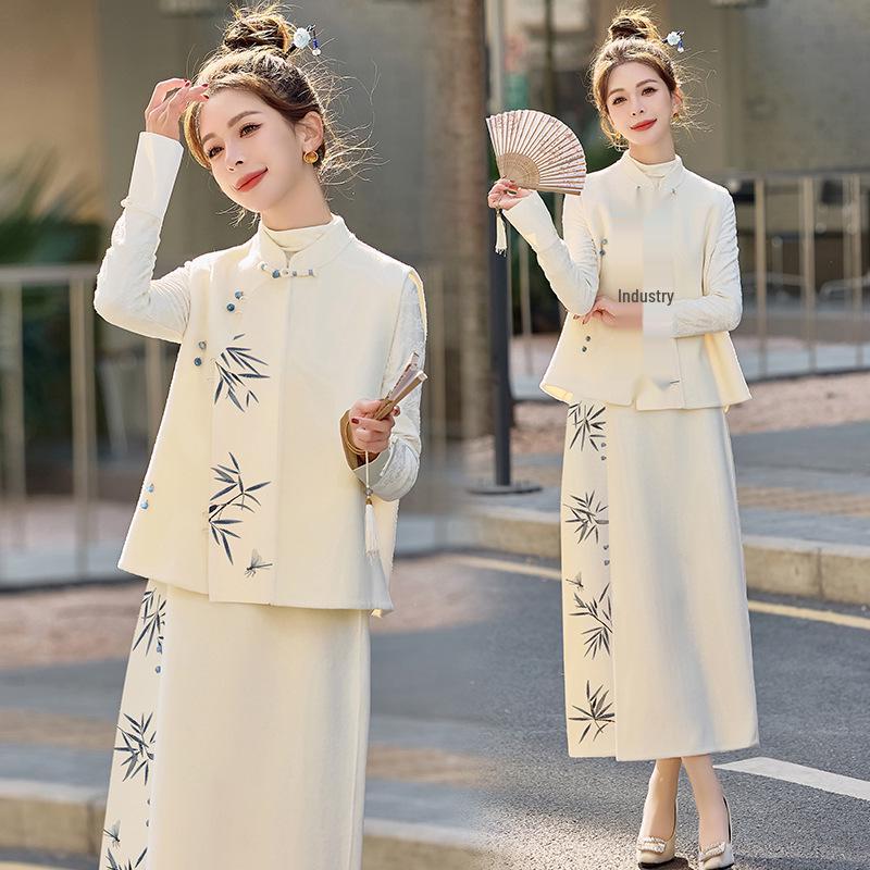 Spring 2025 New Chinese Style Stand Collar Vest & Half Skirt Two-Piece Set Dress (ZM25201)