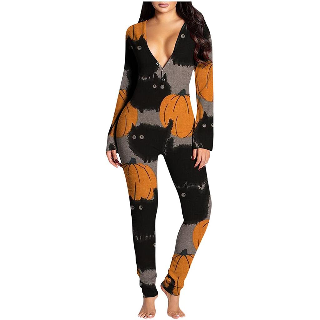 Women's Button-Down Halloween Print Functional Buttoned Flap Adults Jumpsuit
