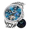 OLEVS Men's Automatic Watch Mechanical Skeleton Diamond Popular Starry Sky Waterproof Date Luminous Watch for Men Stainless Steel Stylish Brand Blue