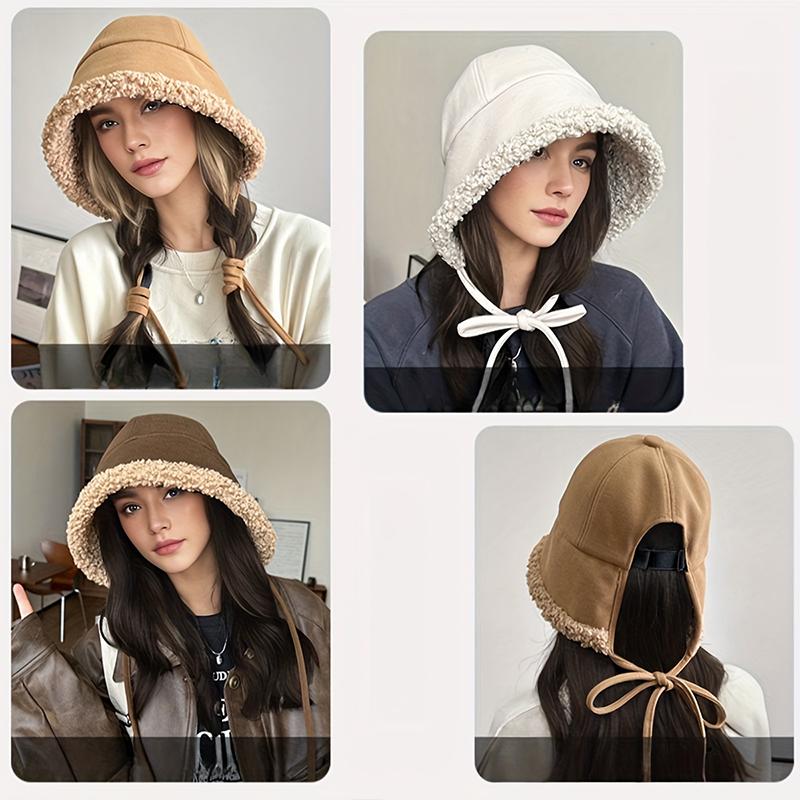 1PC Faux Shearling Warm Windproof Fashion Face Slimming Thickened Plush All-Match Bucket Hat Korean Women Winter 57.5cm