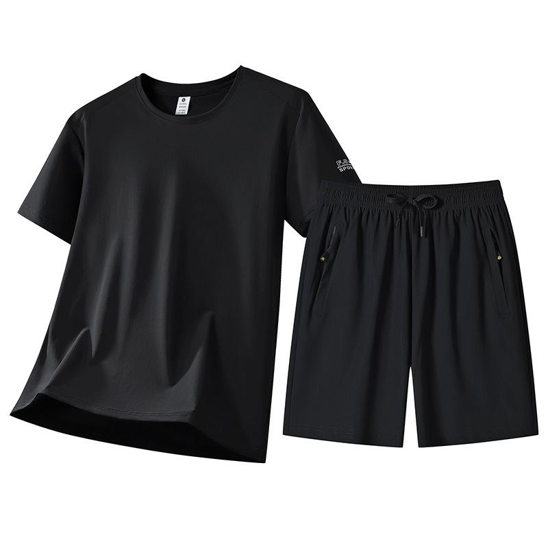 Ice Silk Short Sleeved Suit For Men, Thin, Breathable, Elastic, Cool And Fashionable T-shirt Shorts