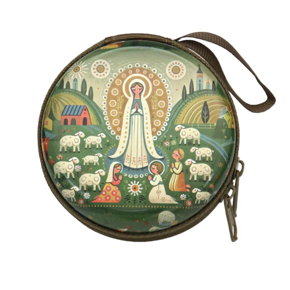 Virgin Mary Prayer Rosary Storage Bag Round Iron Artwork Religious Jewelry Box Cartoon Elegant Religious Articles Catholic Use