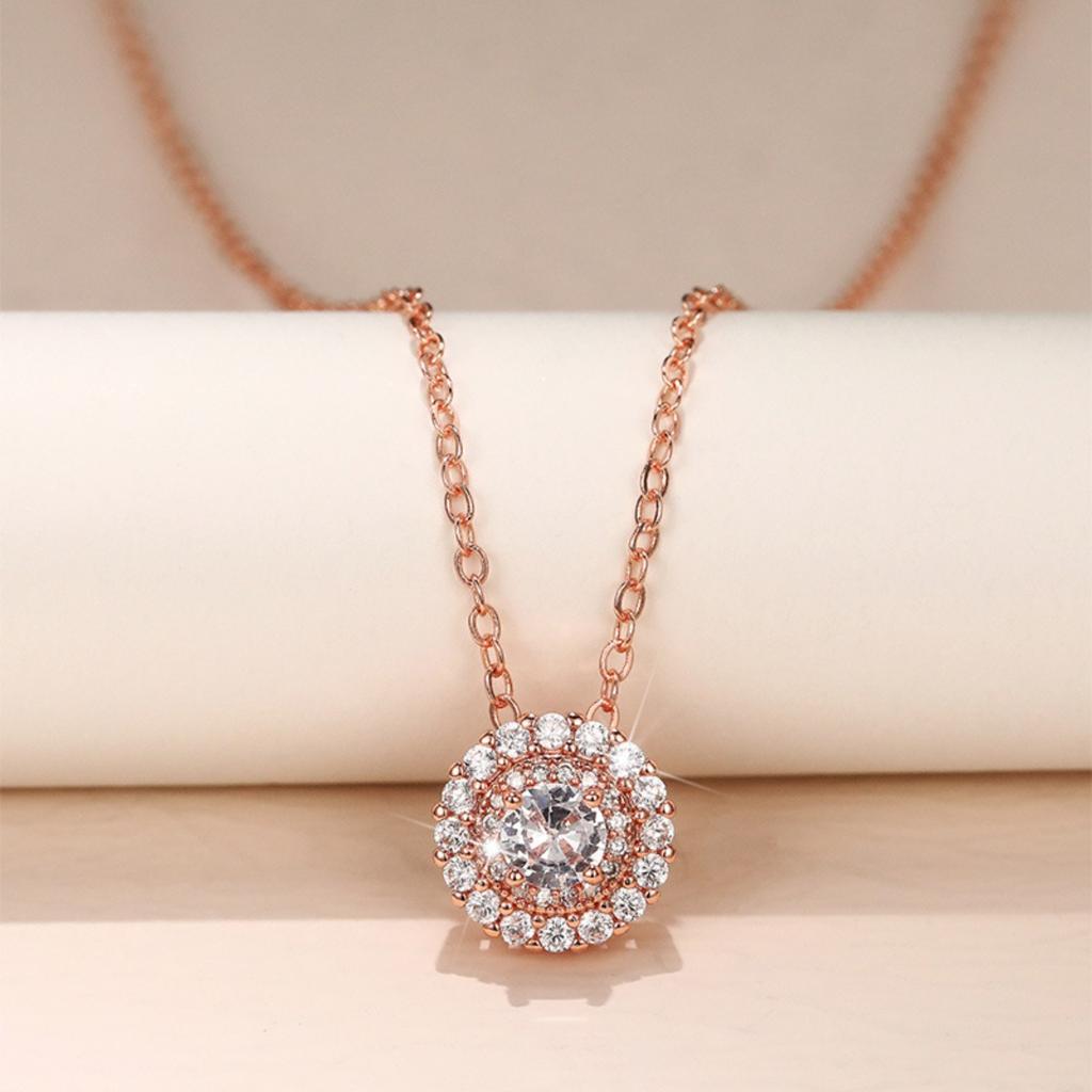 Double Layer Round Halo Prong Set Pendant Women Rose Tone Cable Link Clavicle Necklace