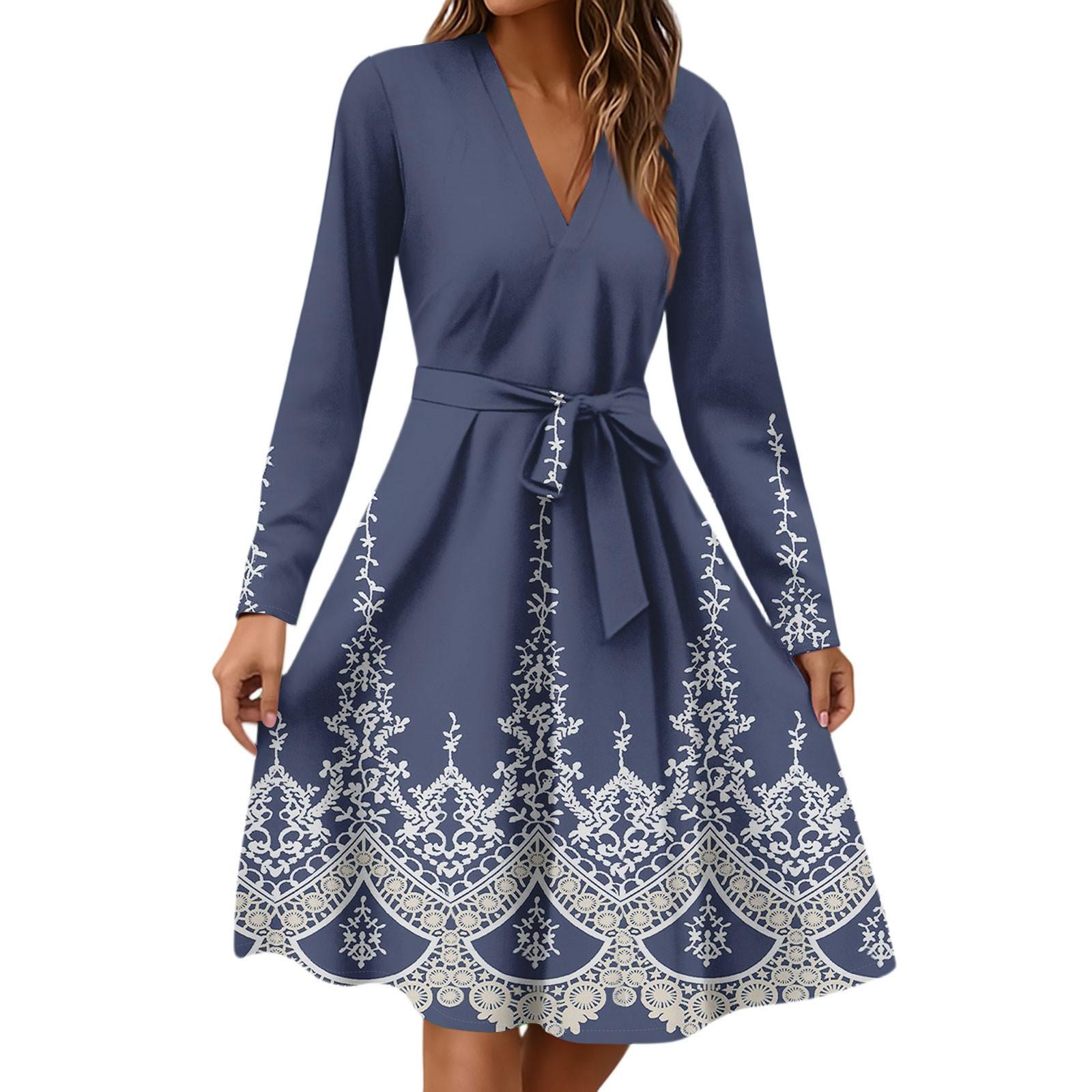 Women s Fashion Casual V-Neck Long Sleeve Waist Floral Print Midi Dress M синий