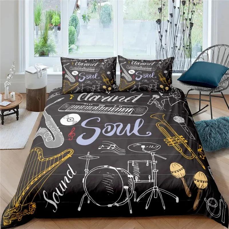 3d Music Notes Guitar Duvet Cover Set for Teens Adults Bedroom Decor Music Bedding Sets Fashion Hip Hop Comforter Cover
