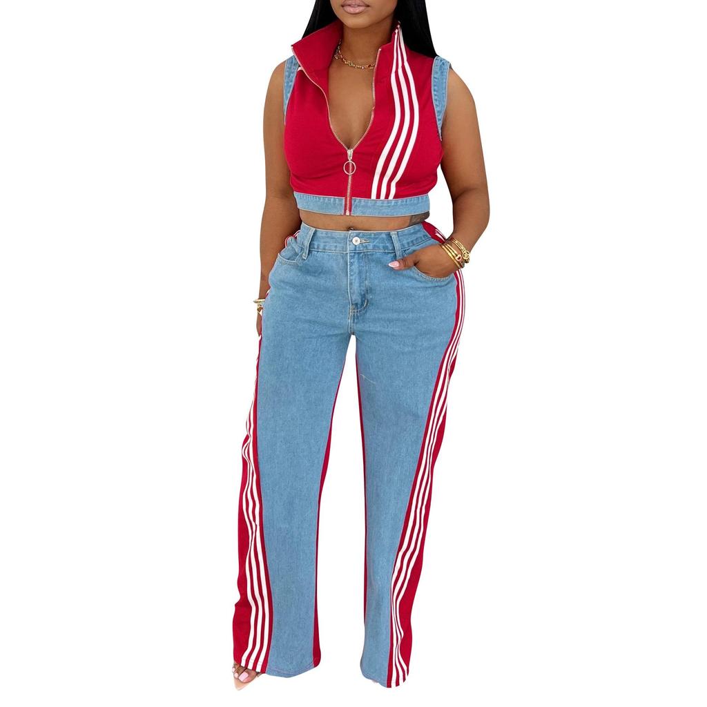European and American Women's Sleeveless Patchwork Striped Jeans Two-piece Set - Summer Collection