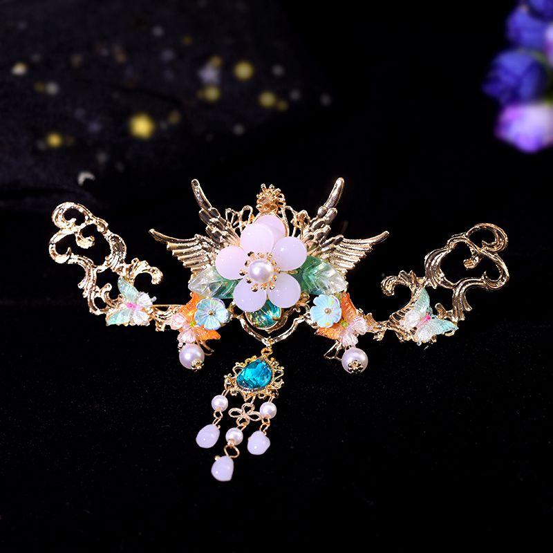Set di Bacchette per Capelli da Donna Fiore in Metallo con Perline Frangia Fermagli Orecchini Copricapo Cinese