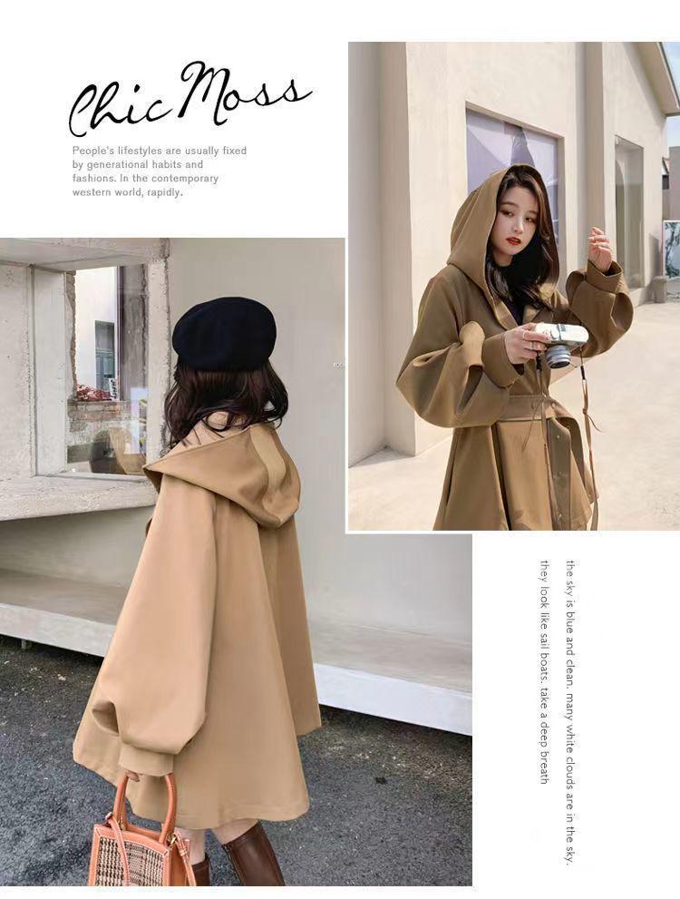Women's Korean Chic Hooded Trench Coat with Lantern Sleeves - Spring & Autumn Casual British Style