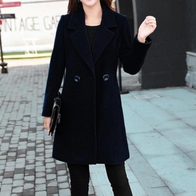 Dames Winterjas Koreaanse Stijl Herfst Grote Maten Warm Dubbele Knopen Dikke Kraag Lange Mouwen Effen Kleur Damesjas