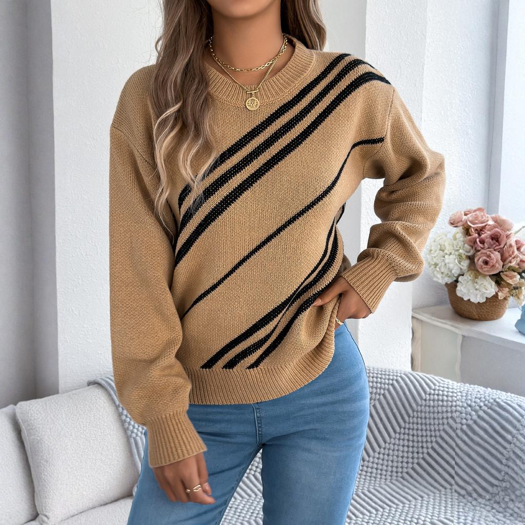 Women's Casual Striped Round Neck  Long Sleeve Pullover Sweater