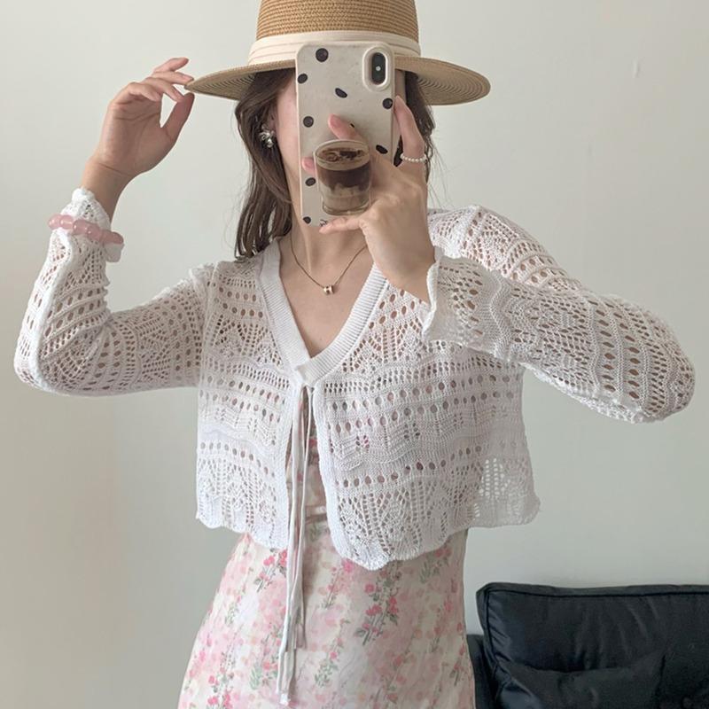 

Women s Sunscreen Knitted Blouse Tops Summer Thin Hollow Out V-neck Drawstring Air Conditioning Women s Shirt Long Sleeve Slim Fit Casual Shirts One Size белый