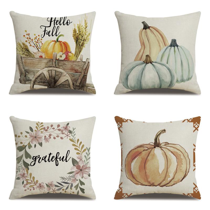 Thanksgiving Linen Pillowcase Autumn Pumpkin Print Pillow Cushion Cover