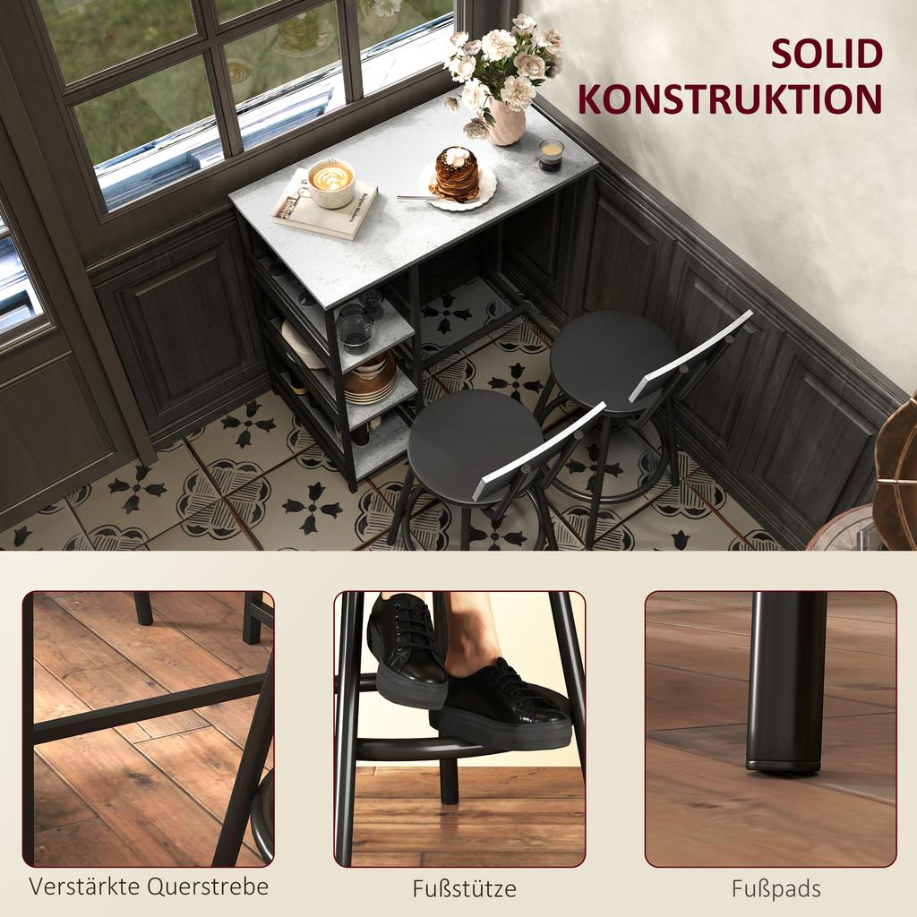3-Piece Dining Set with Bar Table and 2 Chairs, Small Kitchen Set with Side Shelves, MDF, Metal, Black