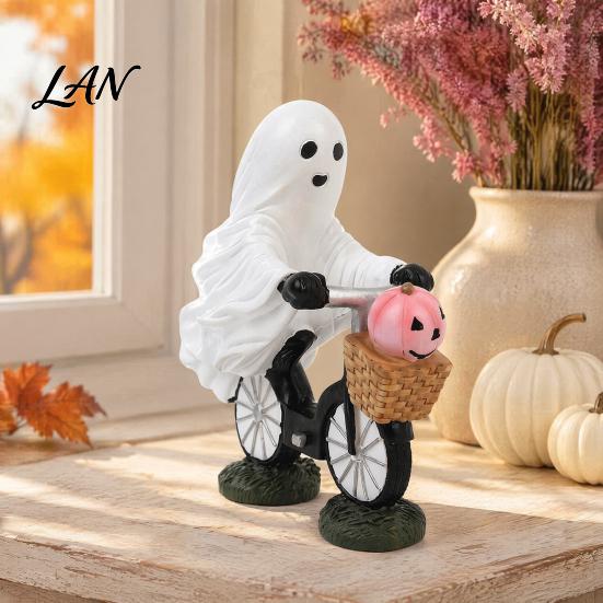 Artistic Halloween Resin Craft Ghost Riding Bicycle Figurine, Spooky Desk Shelf Decor for Funny Rider Desktop Accessory Home Entryway, Hand-Painted