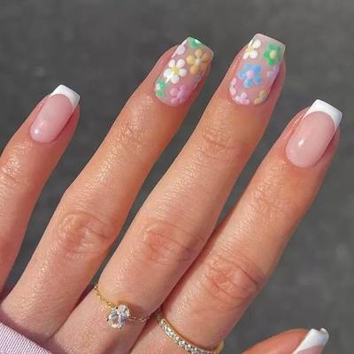 24 Pcs French Tip Press On Nail Short Square False Nail Colorful Flowers Acrylic Nail Glossy Full Cover Stick On Nail