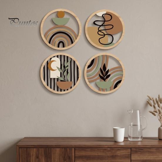 Wooden Interior Wall Decorations 4Pcs Boho Art , 2D Flat Round Hanging Signs, Modern Geometric Vintage Farmhouse Signs Wood Decor, Bohemian