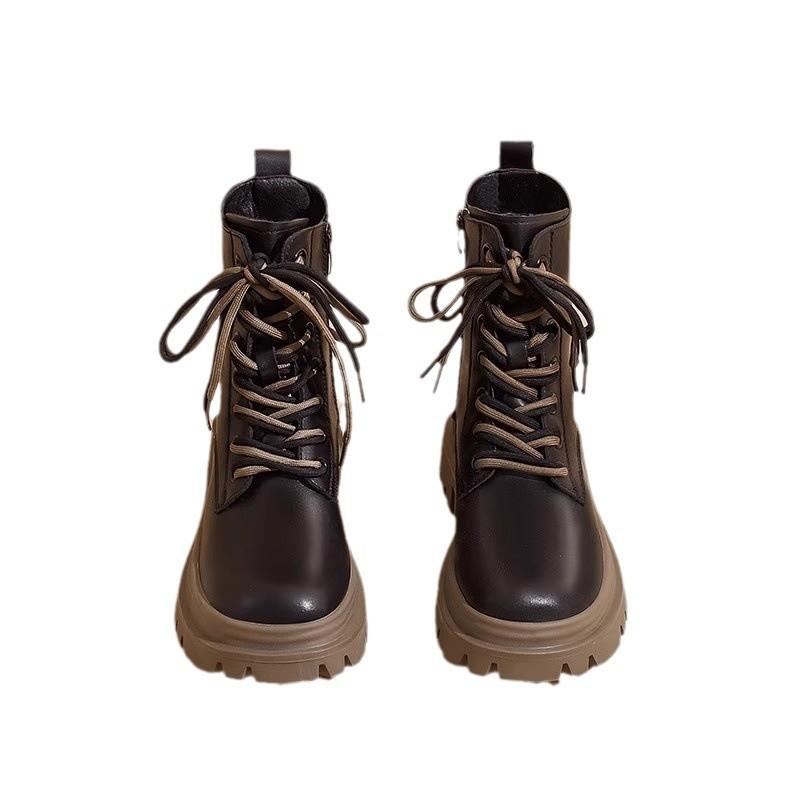 Small thick-soled heightening short boots women's 2025 autumn new British style retro lace-up fried street locomotive Martin boots