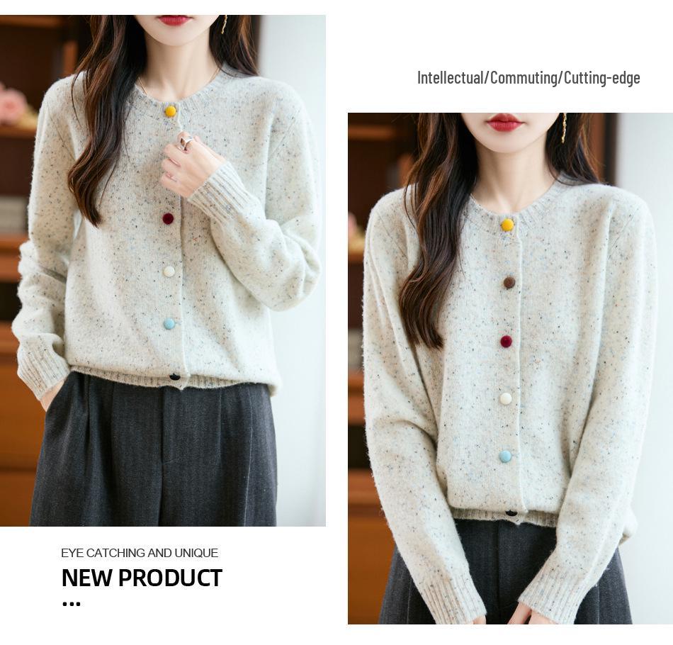 100% Wolle Damen Herbst/Winter Koreanischer Stil Punktgestrickte Strickjacke - Vielseitig, Figurbetont & Modisch Rundhals