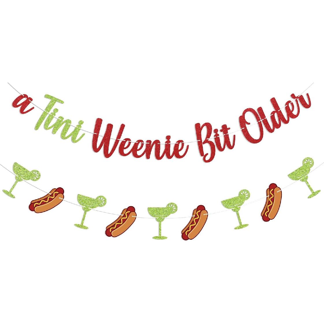 a Tini Weenie Bit Older Banner - Retro Green Cocktail Hot Dog Party Decor, Tinis & Weenies Birthday Party Decorations Red Glitter