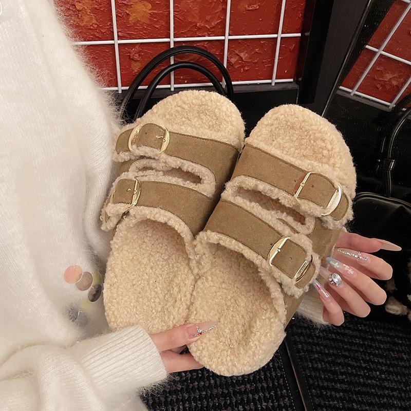 Thick-soled temperament fluffy shoes for women's 2025 new autumn fashion versatile outer wear one-pedal lazy cotton slippers