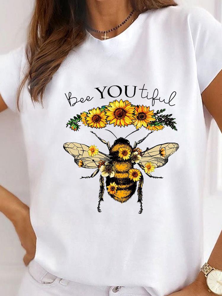 Women Clothes Bee Love Style Letter Clothing Print T Shirt Short Sleeve Summer Top Tee Basic Fashion Graphic T-shirt
