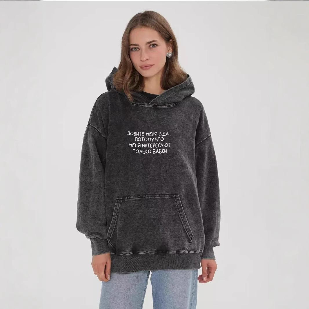 

2025 fashion European and American style medium and long loose heavy industry printing American retro washed old hooded sweater XXXL мити чорний колір