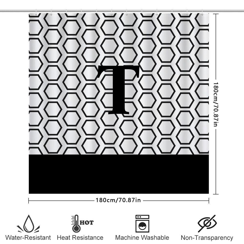 Hexagon Print Bath Shower Curtain Set For Bathroom Decor Black White Pattern With Monogram Initials T Size: 72X84Inches