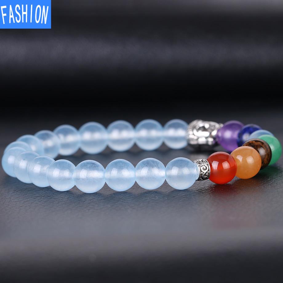 Chakra Bracelet Natural Aquamarine Stone Copper Buddha's Head Charm Crystal Bracelet Elastic Bracelet