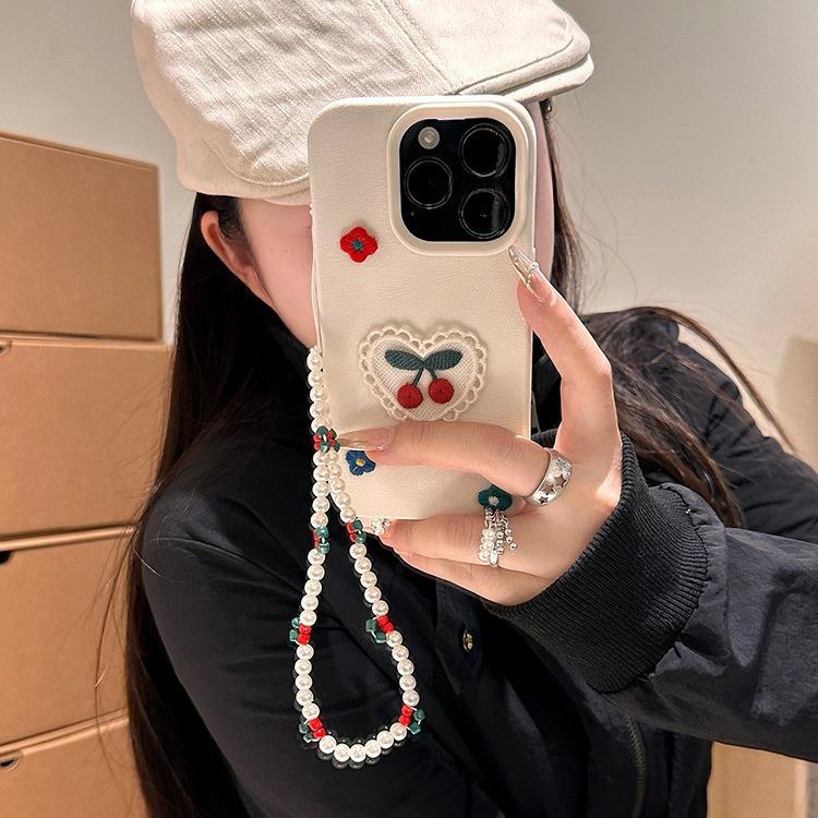 Love Embroidered Cherry Suitable for IPhone16promax Apple 14 Phone Case 13/12 Women 15/11 Soft