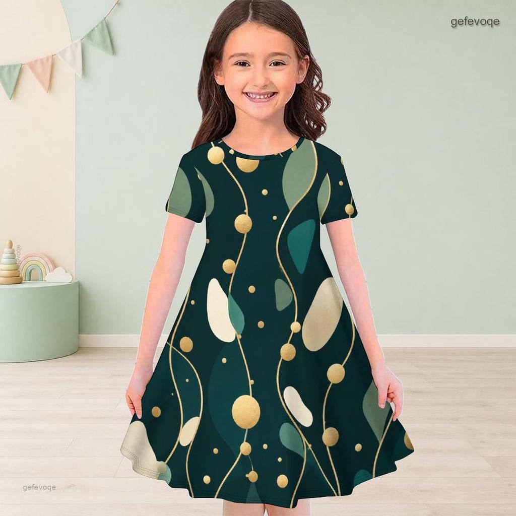 Girls Round Neck Short Sleeve A Line Flared Hem Printed Dress