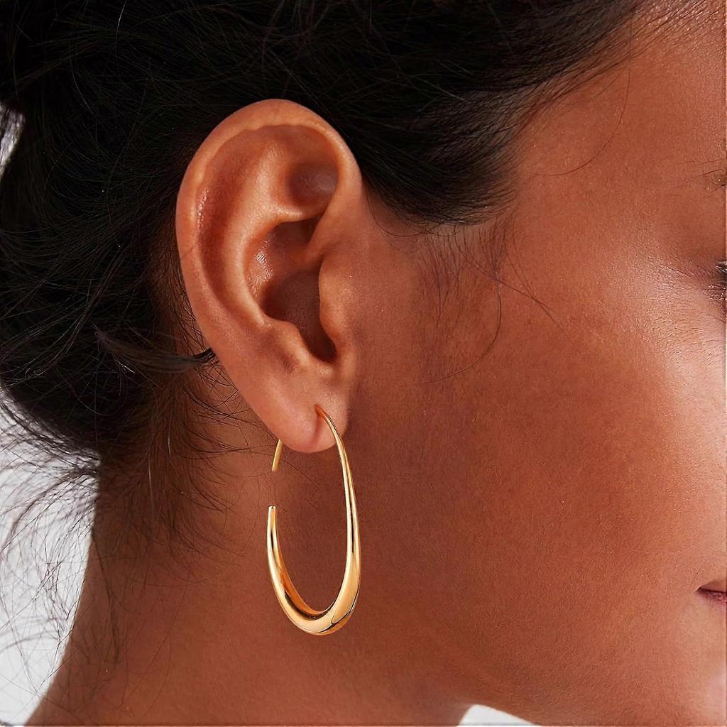 Teardrop Hoop Earrings for Women, 14K Gold Plated Oval Pull Through Hoop Earrings for Women, Gold Drop Hoop Earrings for Women