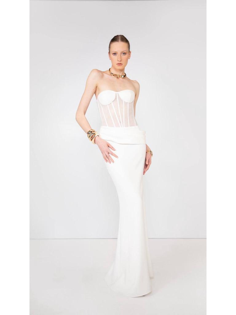 Robe de Mariée Sirène Blanche Sans Bretelles avec Ceinture Haute - Jupe Élégante Amincissante pour Mariages et Banquets