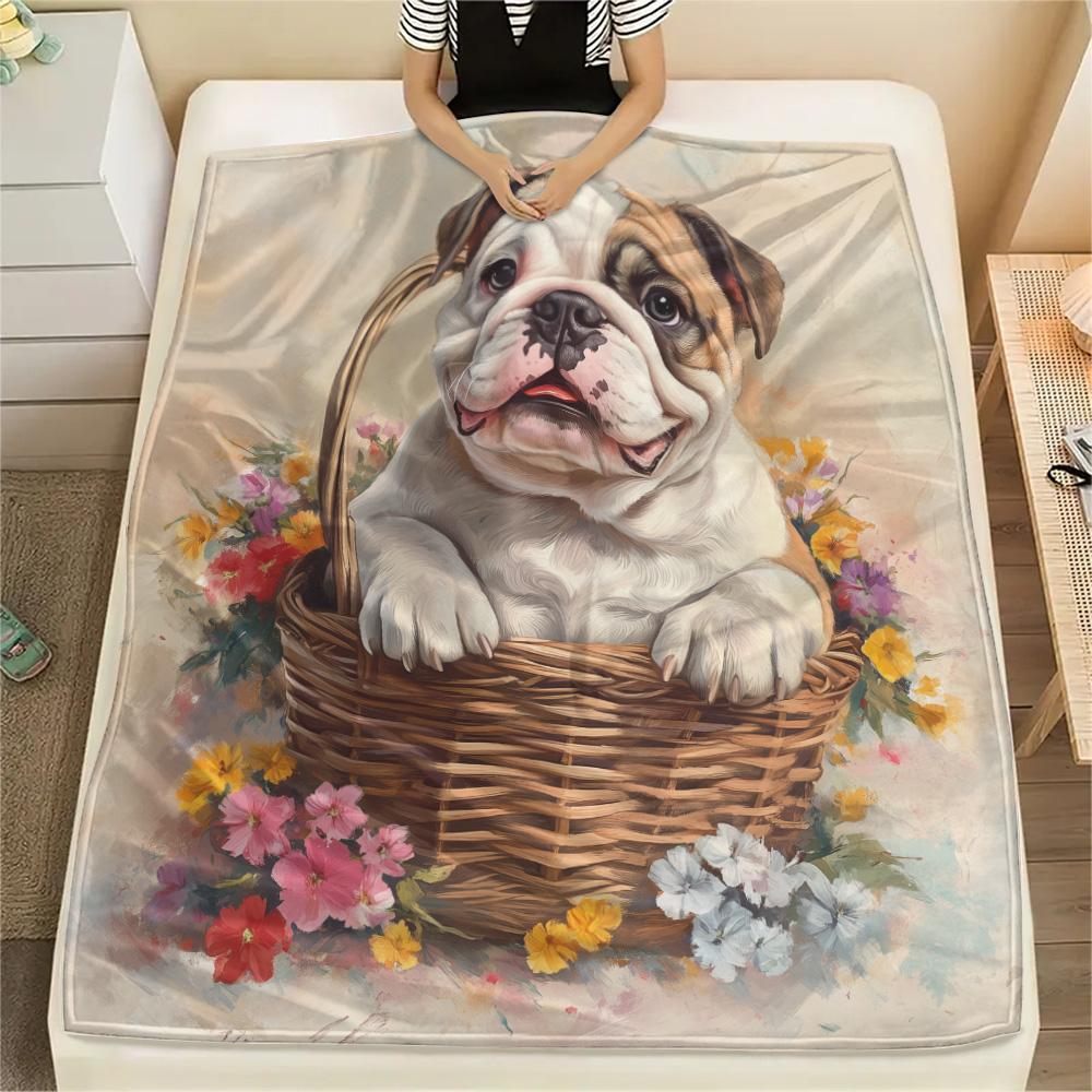 Flower Basket Dogs Print Flannel Blanket, High quality Comfortable for All Seasons, Home Decor, Warmth and Comfort