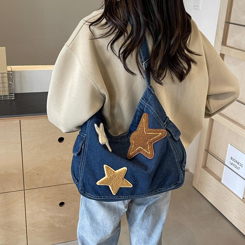 

Джинсовая сумка через плечо Star, модная сумка через плечо большой вместимости с молнией, регулируемым ремешком, сумка-мессенджер с несколькими карманами для женщин темно-синий