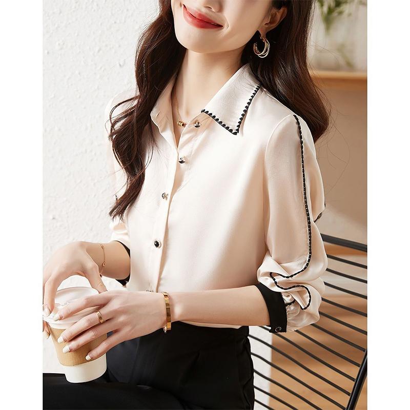 Spring Autumn Polo-neck Elegant Patchwork Shirt female Long Sleeve Cardigan Top Women Buttons Blouse